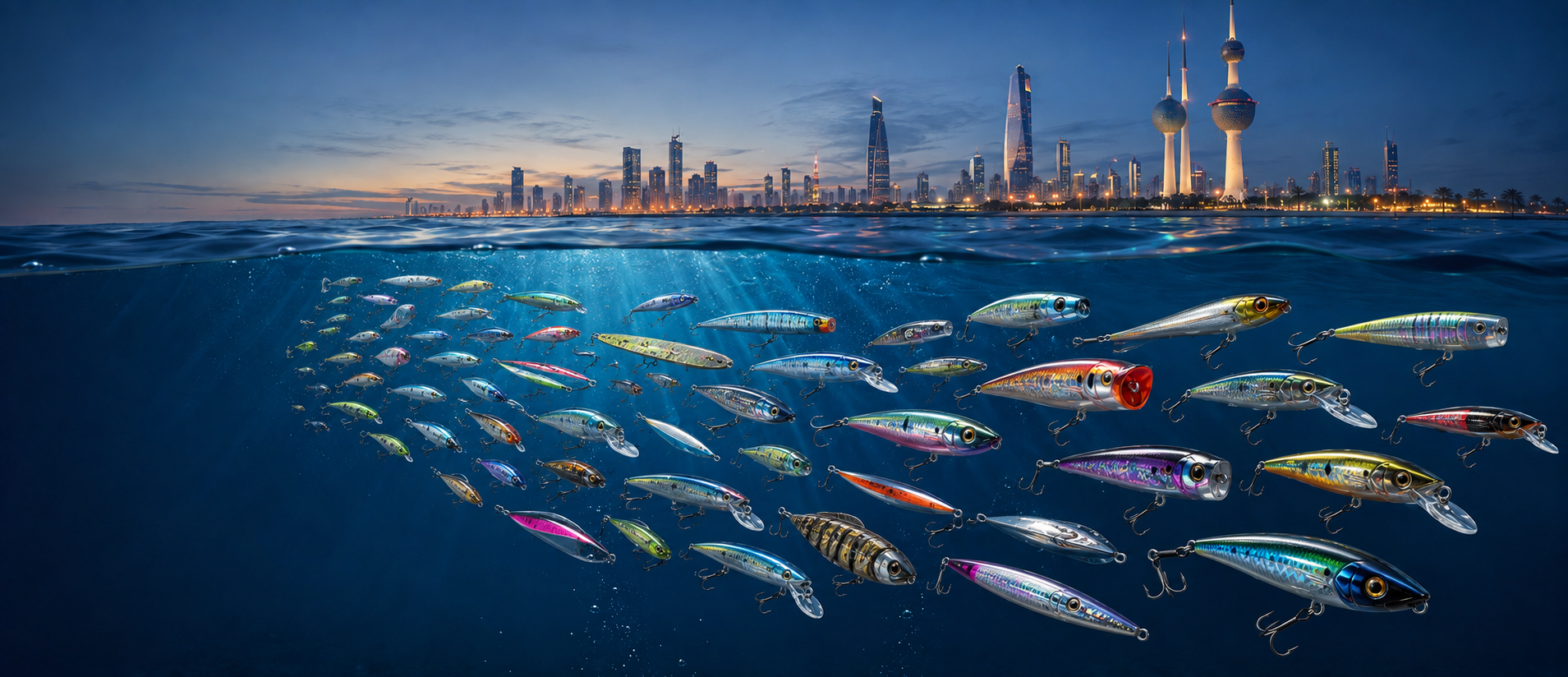 Kuwait City skyline at dusk above the water, with a spread of premium saltwater fishing lures suspended beneath the surface